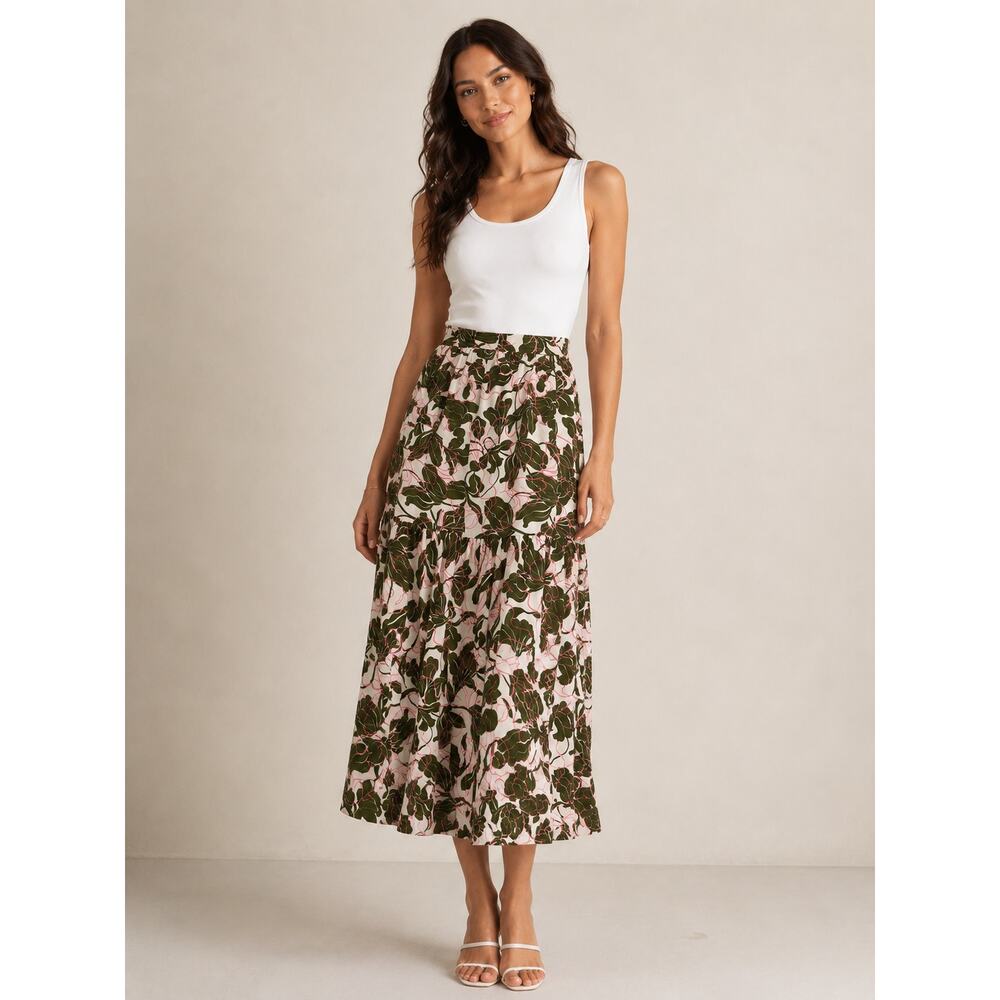 Parker Floral Maxi Skirt Green Pink Cream Tiered Boho Cottage Women’s Size 4